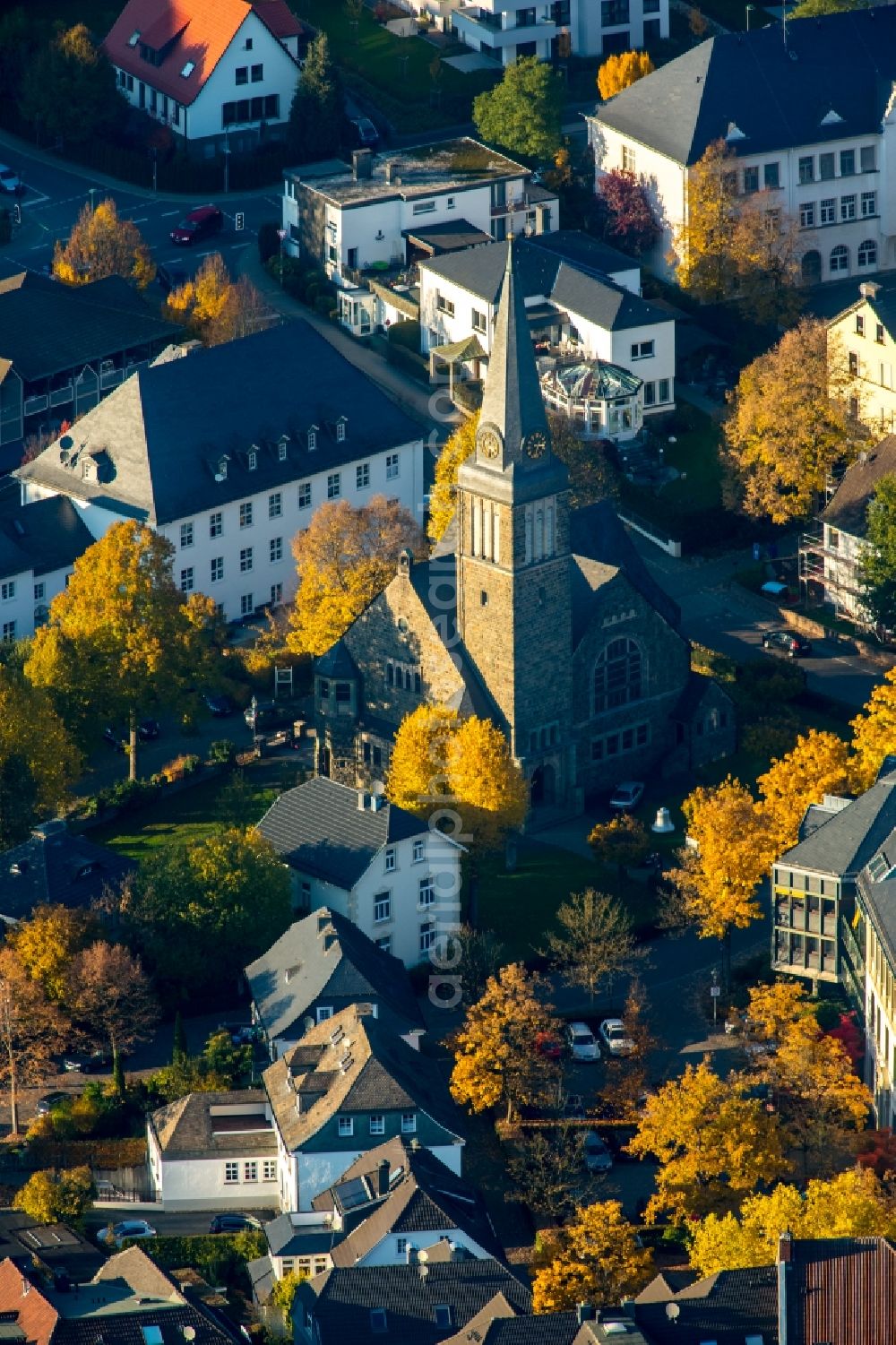 Attendorn from above - Church building of the protestant Erloeserkirche on the Westwall in the town centre of Attendorn in the state of North Rhine-Westphalia