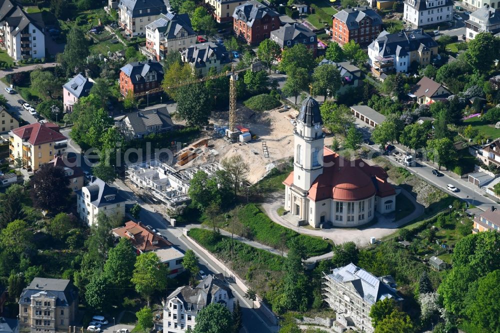 Aue from above - Church building protestantn Friedenskirche Aue-Zelle in Aue in the state Saxony, Germany