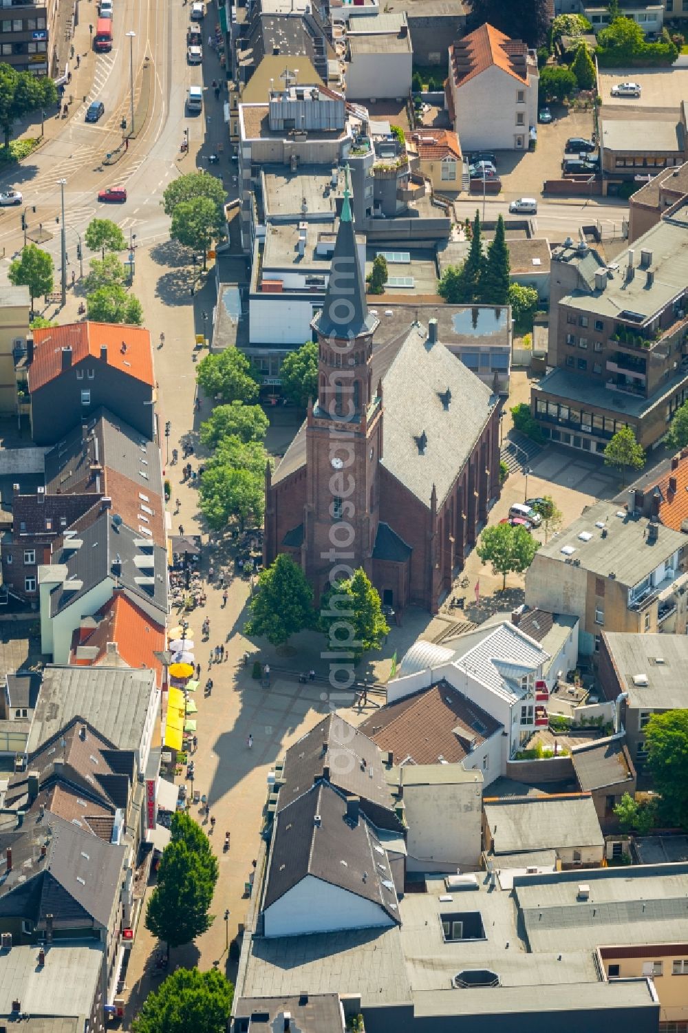 Bochum from above - Church building protestantn Friedenskirche in the district Wattenscheid in Bochum in the state North Rhine-Westphalia, Germany