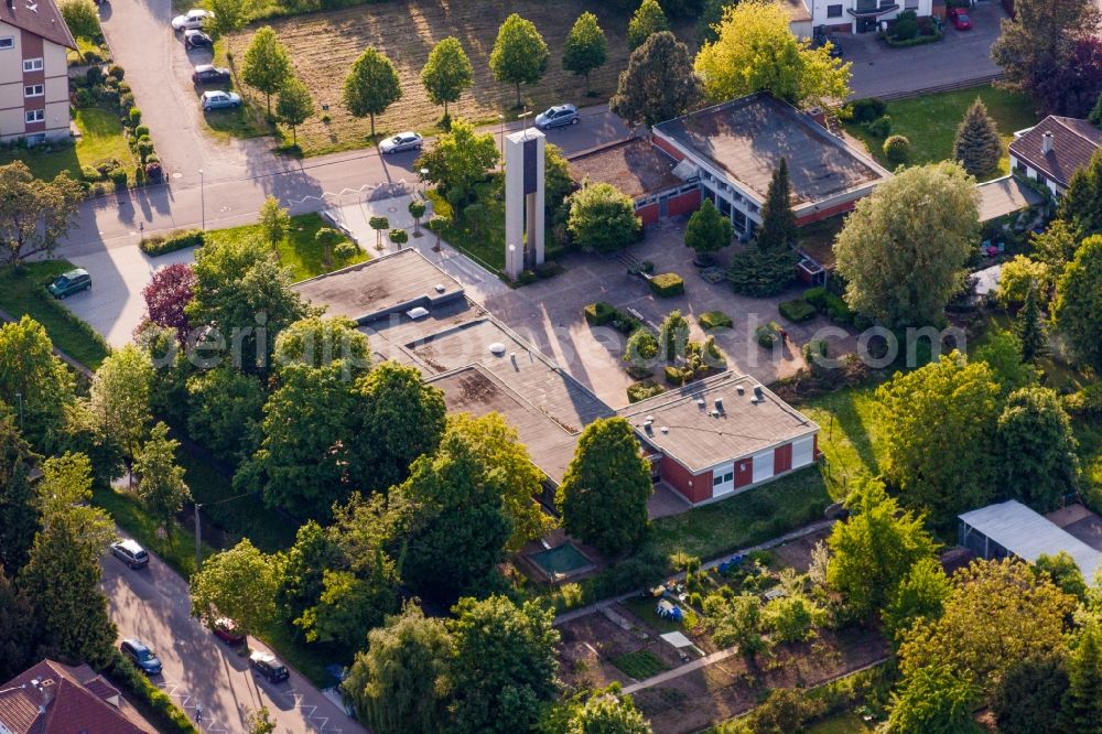 Aerial photograph Wiesloch - Church building of the Evangelic community with Kindergarden One World in Wiesloch in the state Baden-Wurttemberg, Germany