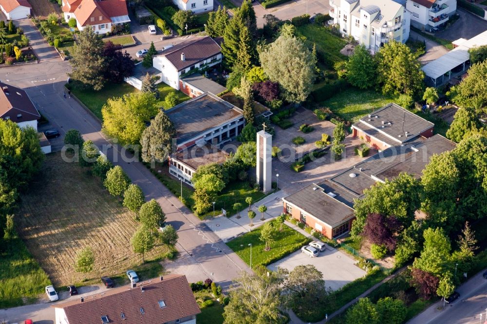 Wiesloch from above - Church building of the Evangelic community with Kindergarden One World in Wiesloch in the state Baden-Wurttemberg, Germany