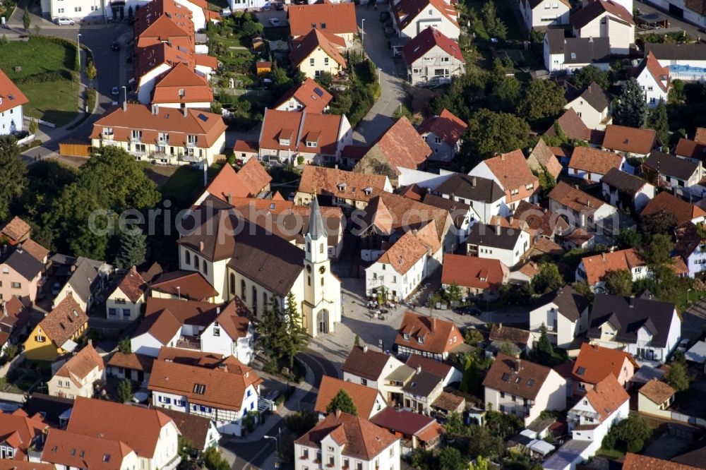 Wörth am Rhein from the bird's eye view: Church building of Evangelic Church in Old Town- center of downtown in the district Maximiliansau in Woerth am Rhein in the state Rhineland-Palatinate, Germany