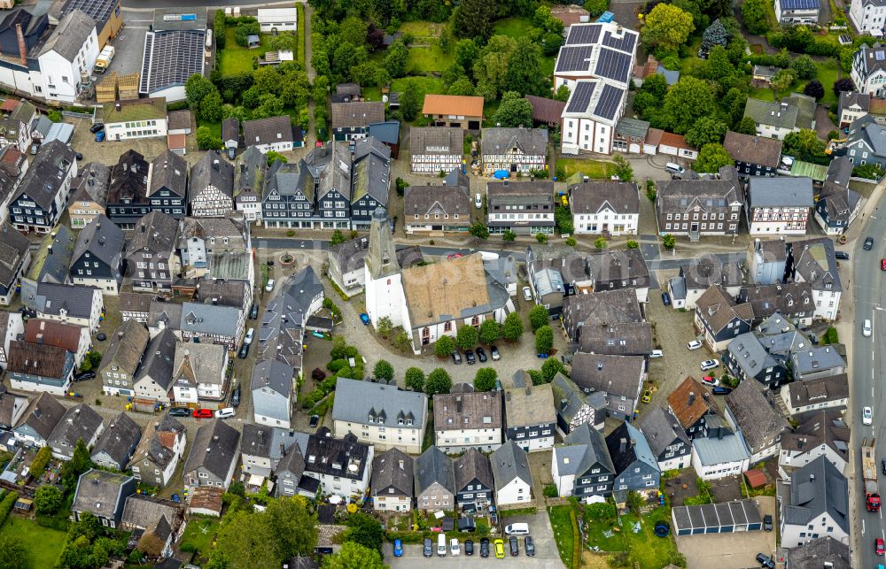 Bad Laasphe from above - Church building protestant Kirche in Bad Laasphe on Siegerland in the state North Rhine-Westphalia, Germany