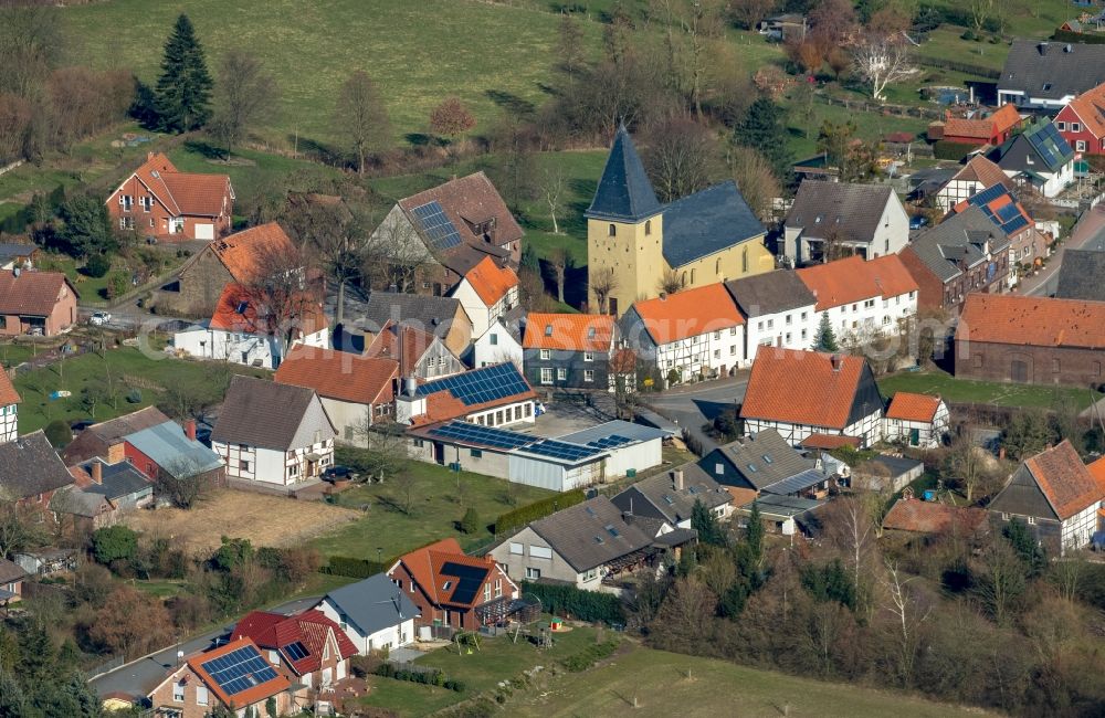 Bönen from the bird's eye view: Church building Evangelischen Kirche Flierich in the village centre in the district Flierich in Boenen in the state North Rhine-Westphalia, Germany