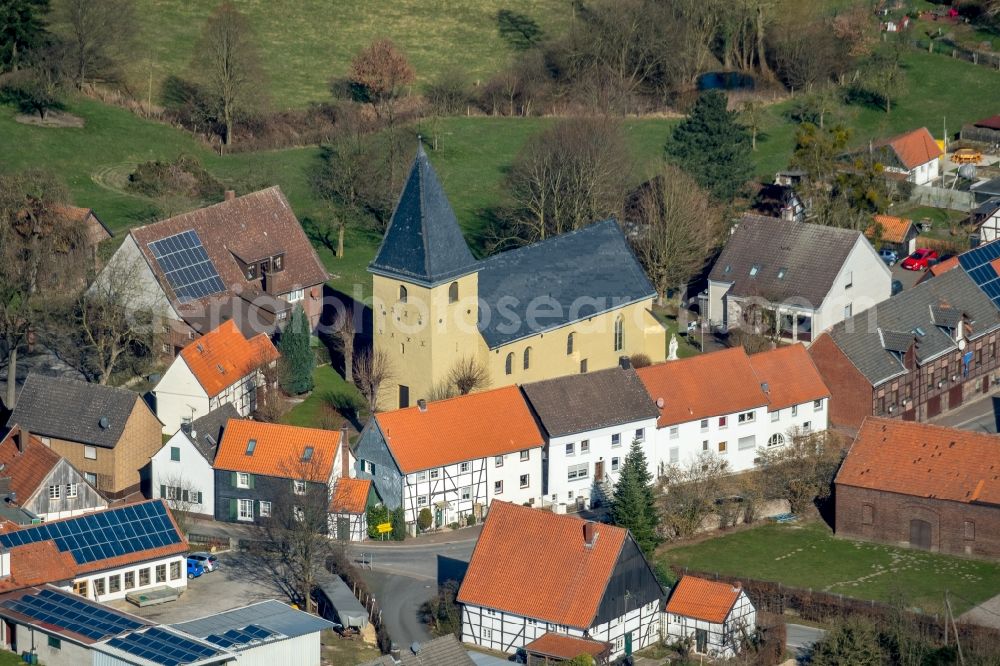 Aerial image Bönen - Church building Evangelischen Kirche Flierich in the village centre in the district Flierich in Boenen in the state North Rhine-Westphalia, Germany