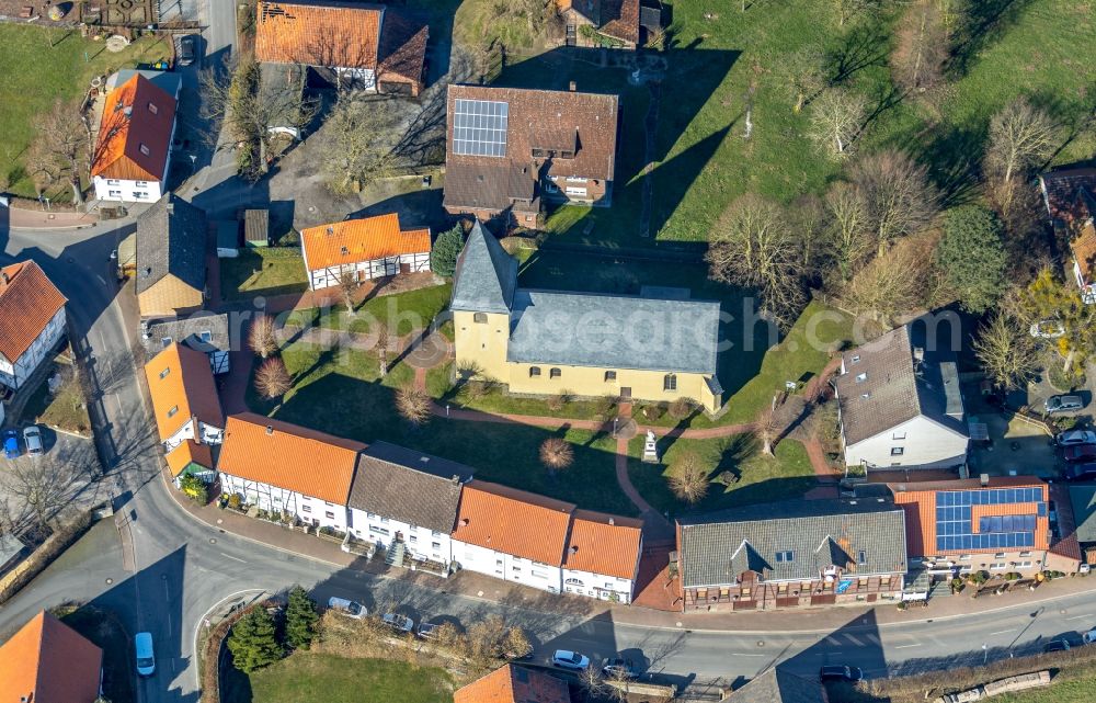 Aerial image Bönen - Church building Evangelischen Kirche Flierich in the village centre in the district Flierich in Boenen in the state North Rhine-Westphalia, Germany