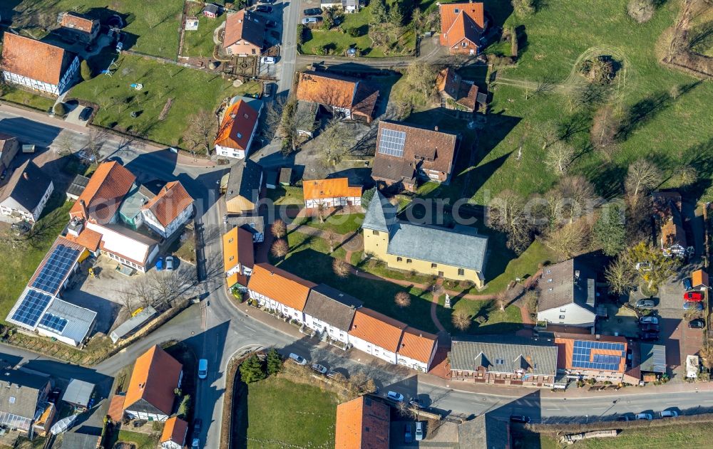 Aerial photograph Bönen - Church building Evangelischen Kirche Flierich in the village centre in the district Flierich in Boenen in the state North Rhine-Westphalia, Germany