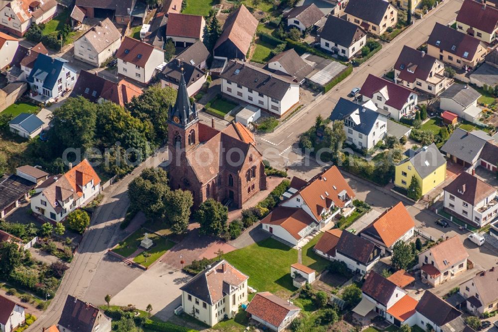 Aerial image Stutensee - Church building Evangelic Church Staffort in the district Staffort in Stutensee in the state Baden-Wurttemberg, Germany