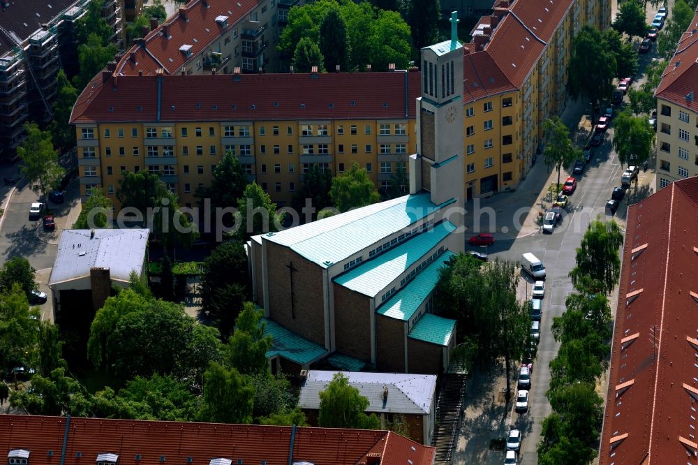 Aerial image Berlin - Church building of the protestant community Gustav-Adolf on Brahestrasse in the Charlottenburg part in Berlin in Germany