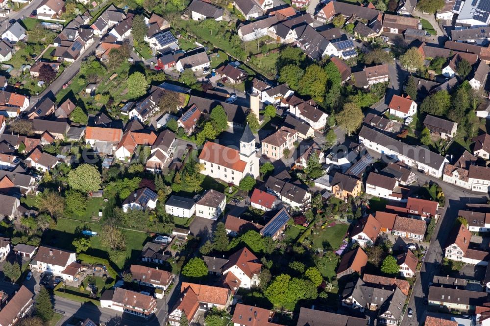 Aerial image Scherzheim - Church building Evangelic Kreuzgemeinde Scherzheim in Scherzheim in the state Baden-Wurttemberg, Germany