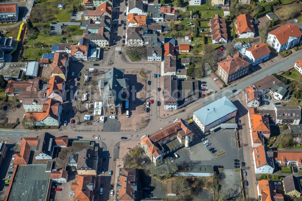 Bad Arolsen from the bird's eye view: Church building Martin Luther Stadtkirche on Kirchplatz in Bad Arolsen in the state Hesse, Germany