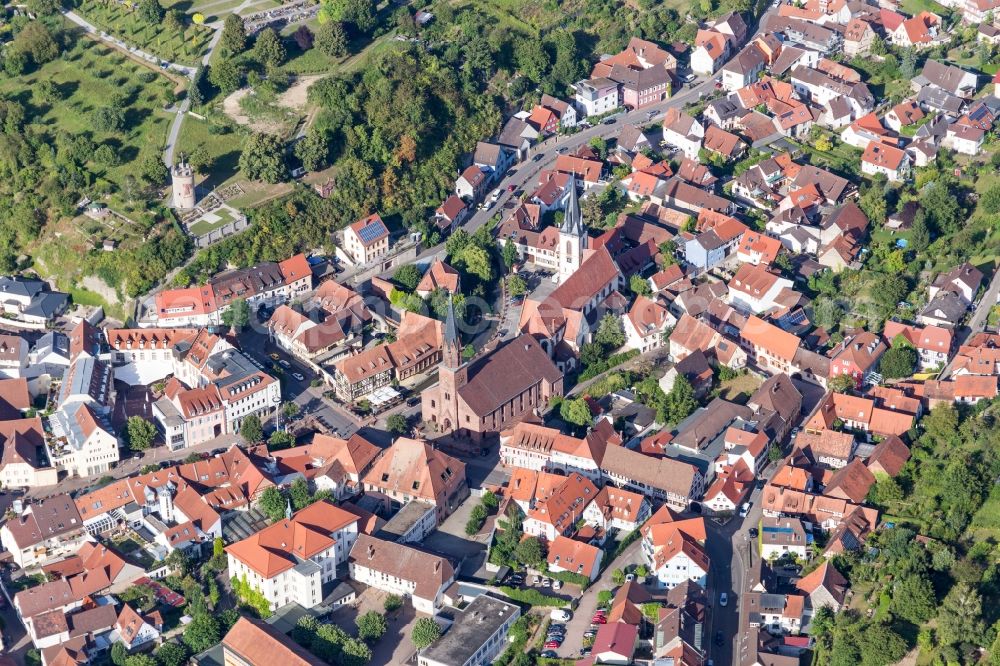 Weingarten (Baden) from above - Buildings of the evangelic church and of the catholic church St. Michael Weingarten, in Weingarten (Baden) in the state Baden-Wurttemberg, Germany