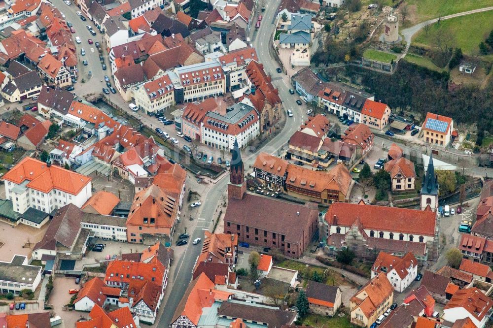 Weingarten (Baden) from above - Buildings of the evangelic church and of the catholic church St. Michael Weingarten, in Weingarten (Baden) in the state Baden-Wurttemberg, Germany