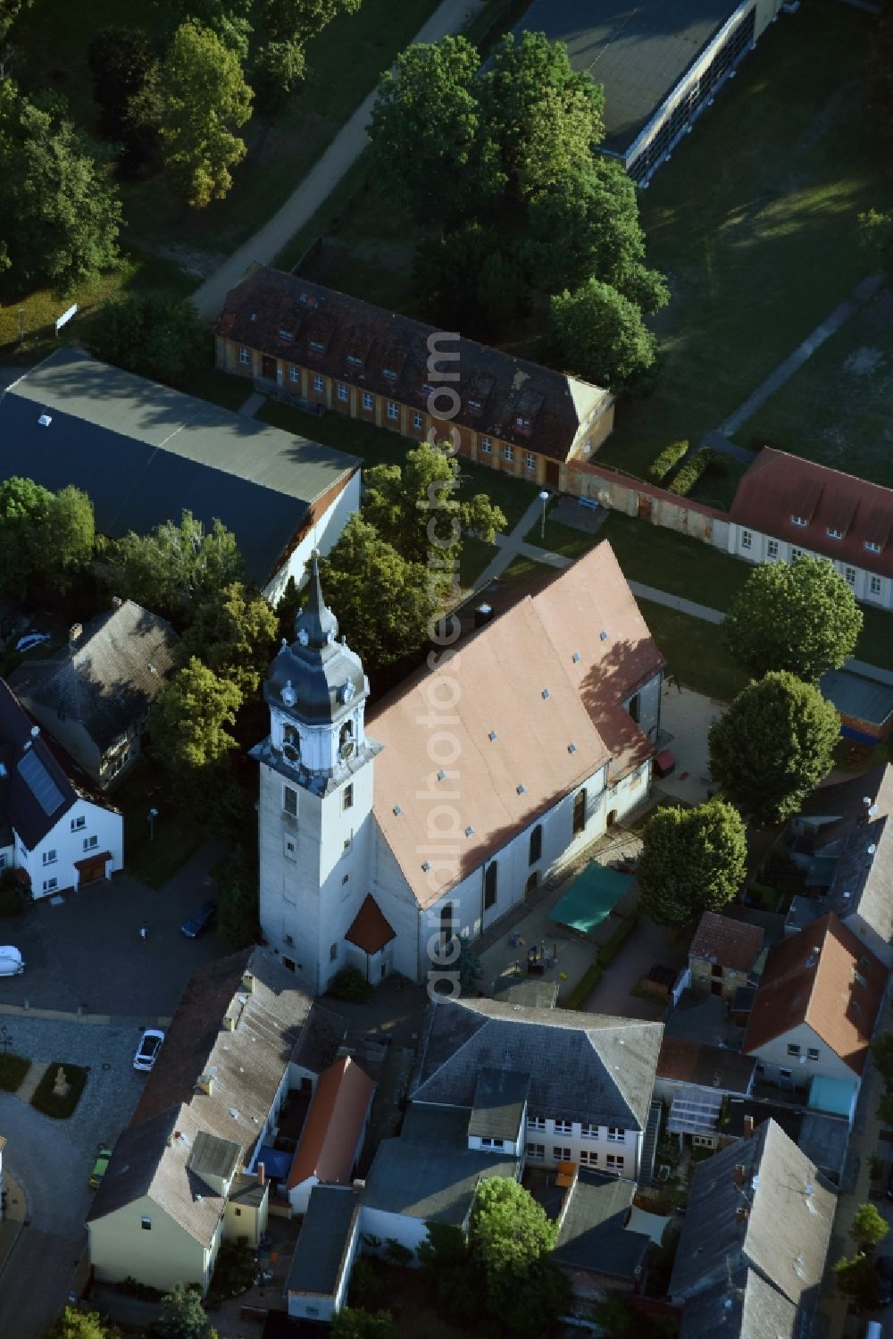 Pretzsch (Elbe) from above - Church building of the town church of Saint Nikolaus in the village of in Pretzsch (Elbe) in the state of Saxony-Anhalt