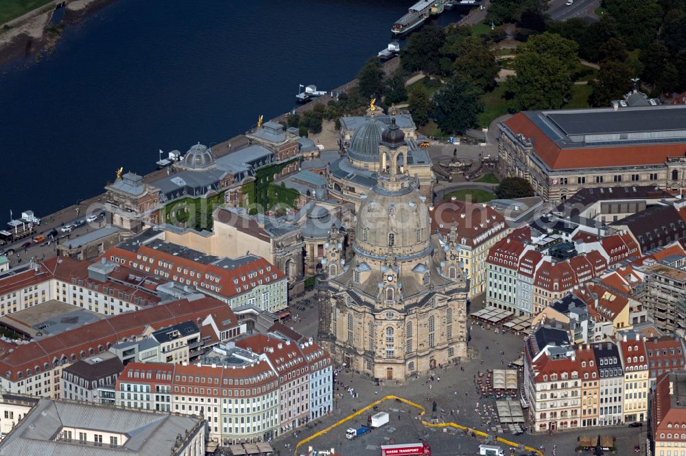 Dresden from above - Church building in Frauenkirche Dresden on Neumarkt Old Town- center of downtown in the district Altstadt in Dresden in the state Saxony, Germany