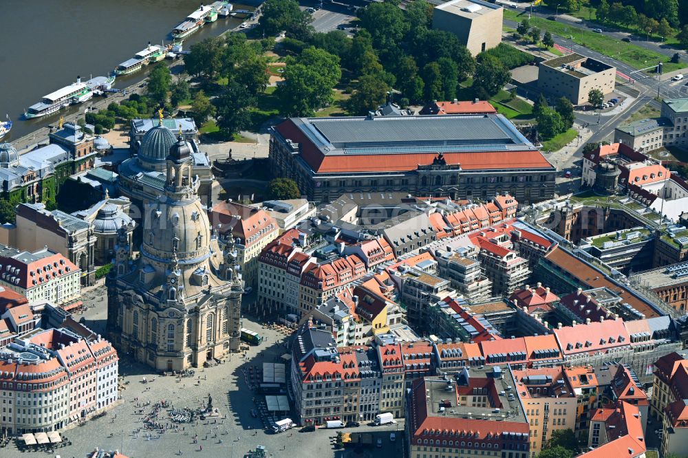 Dresden from above - Church building in Frauenkirche Dresden on Neumarkt Old Town- center of downtown in the district Altstadt in Dresden in the state Saxony, Germany