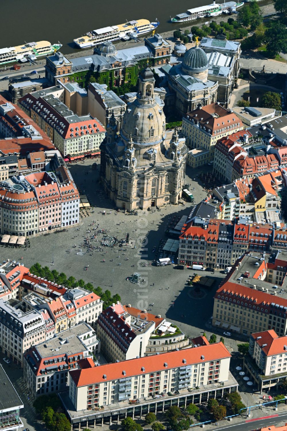 Dresden from the bird's eye view: Church building in Frauenkirche Dresden on Neumarkt Old Town- center of downtown in the district Altstadt in Dresden in the state Saxony, Germany