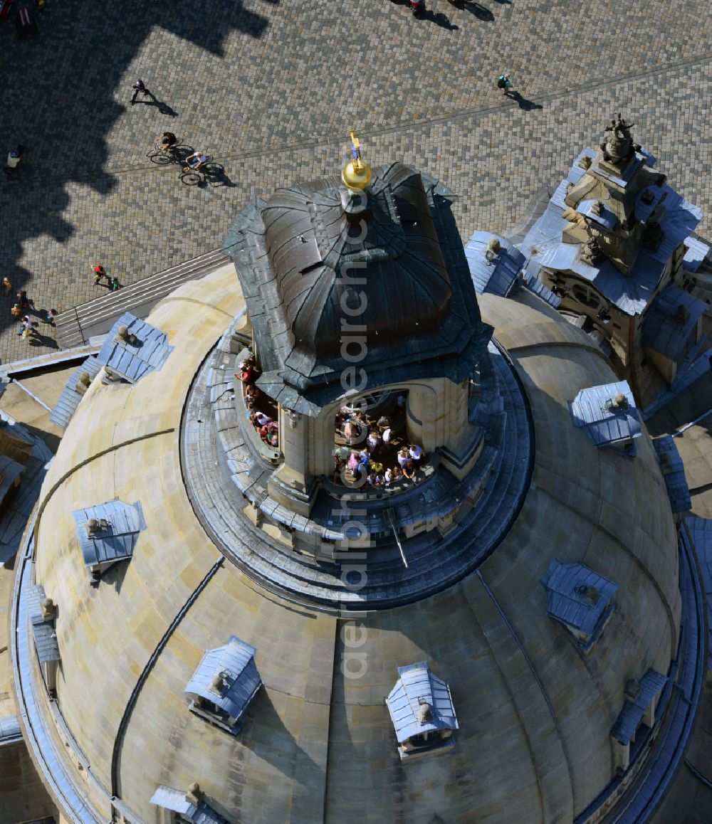 Dresden from the bird's eye view: Church building in Frauenkirche Dresden on Neumarkt Old Town- center of downtown in the district Altstadt in Dresden in the state Saxony, Germany