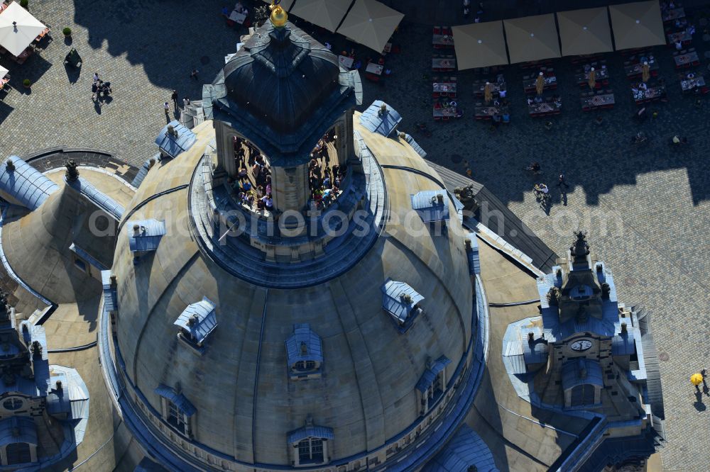 Dresden from above - Church building in Frauenkirche Dresden on Neumarkt Old Town- center of downtown in the district Altstadt in Dresden in the state Saxony, Germany