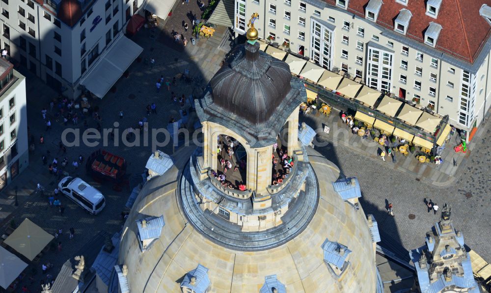 Dresden from the bird's eye view: Church building in Frauenkirche Dresden on Neumarkt Old Town- center of downtown in the district Altstadt in Dresden in the state Saxony, Germany