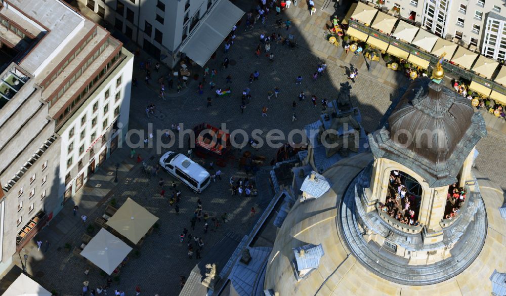 Dresden from above - Church building in Frauenkirche Dresden on Neumarkt Old Town- center of downtown in the district Altstadt in Dresden in the state Saxony, Germany