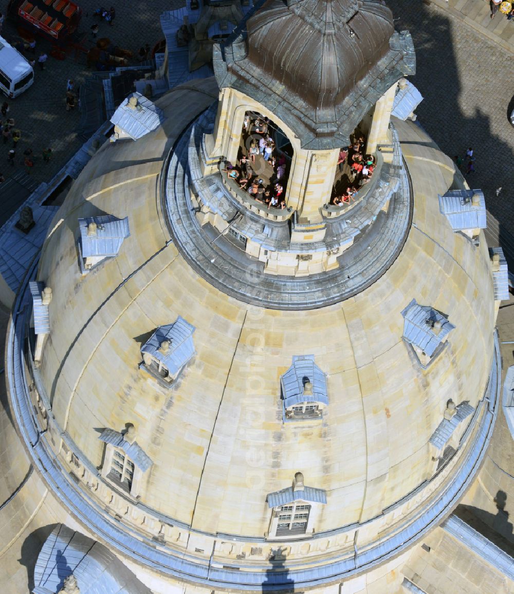 Dresden from the bird's eye view: Church building in Frauenkirche Dresden on Neumarkt Old Town- center of downtown in the district Altstadt in Dresden in the state Saxony, Germany