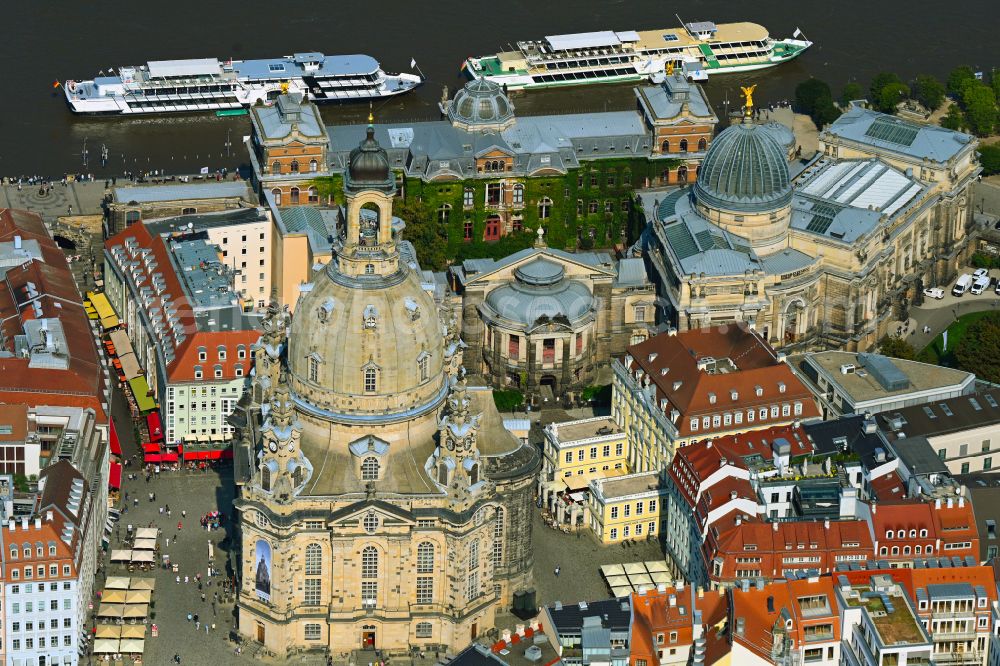 Dresden from above - Church building in Frauenkirche Dresden on Neumarkt Old Town- center of downtown in the district Altstadt in Dresden in the state Saxony, Germany