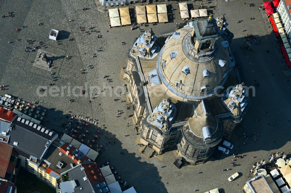 Dresden from the bird's eye view: Church building in Frauenkirche Dresden on Neumarkt Old Town- center of downtown in the district Altstadt in Dresden in the state Saxony, Germany