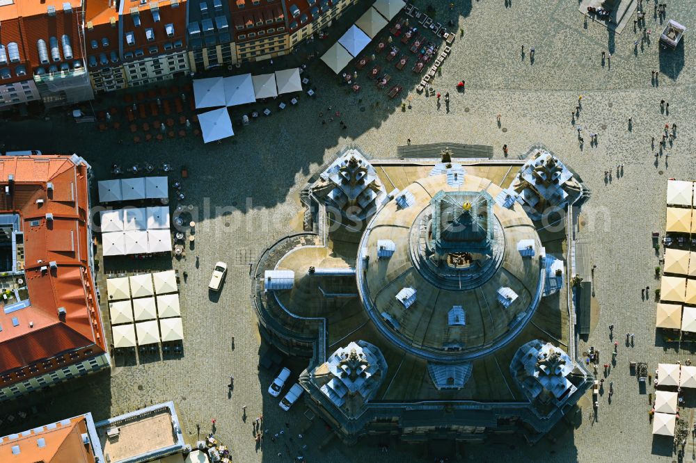 Dresden from above - Church building in Frauenkirche Dresden on Neumarkt Old Town- center of downtown in the district Altstadt in Dresden in the state Saxony, Germany