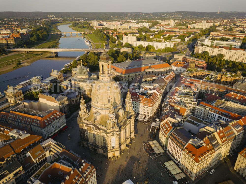 Dresden from above - Church building in Frauenkirche Dresden on Neumarkt Old Town- center of downtown in the district Altstadt in Dresden in the state Saxony, Germany