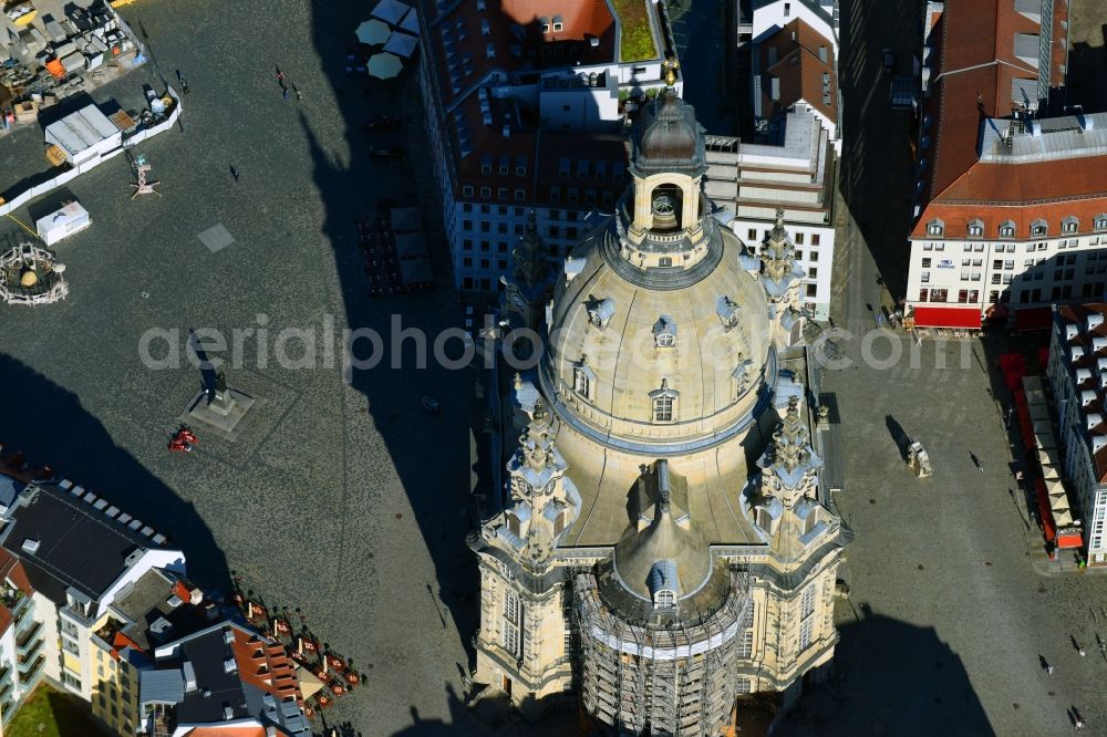 Dresden from above - Church building in Frauenkirche Dresden on Neumarkt Old Town- center of downtown in the district Altstadt in Dresden in the state Saxony, Germany