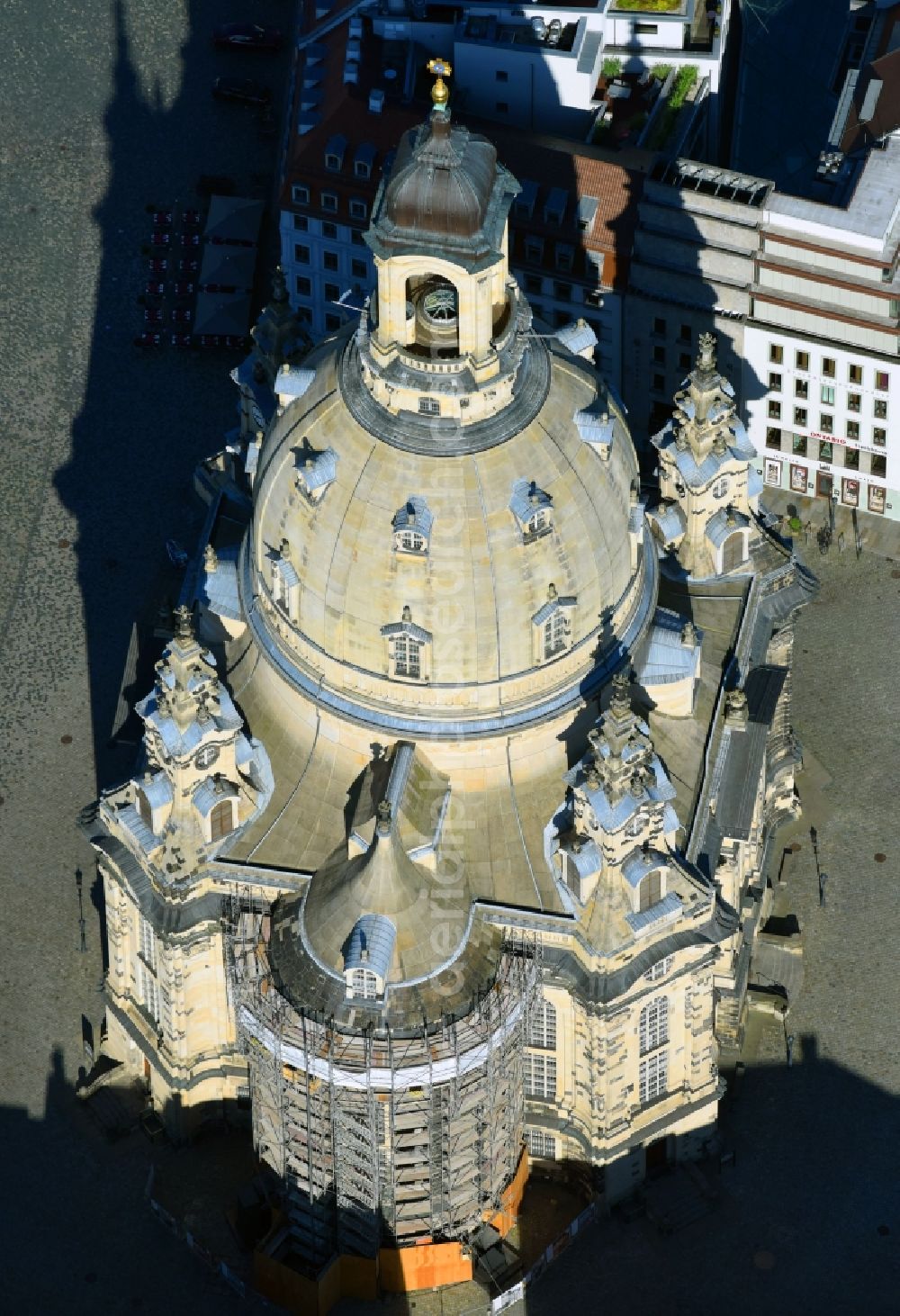 Aerial image Dresden - Church building in Frauenkirche Dresden on Neumarkt Old Town- center of downtown in the district Altstadt in Dresden in the state Saxony, Germany