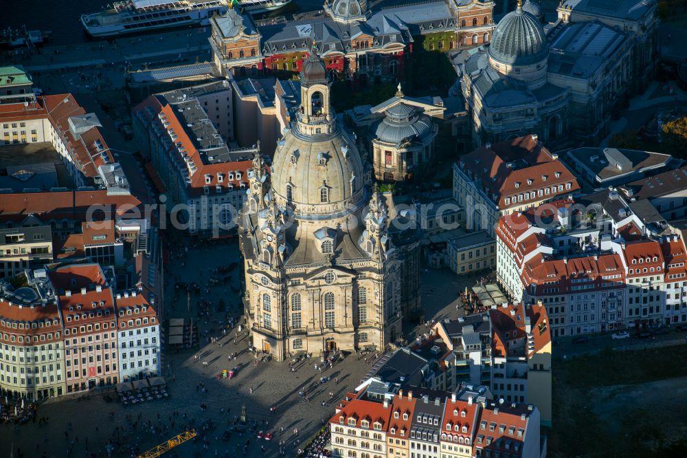 Dresden from above - Church building in Frauenkirche Dresden on Neumarkt Old Town- center of downtown in the district Altstadt in Dresden in the state Saxony, Germany