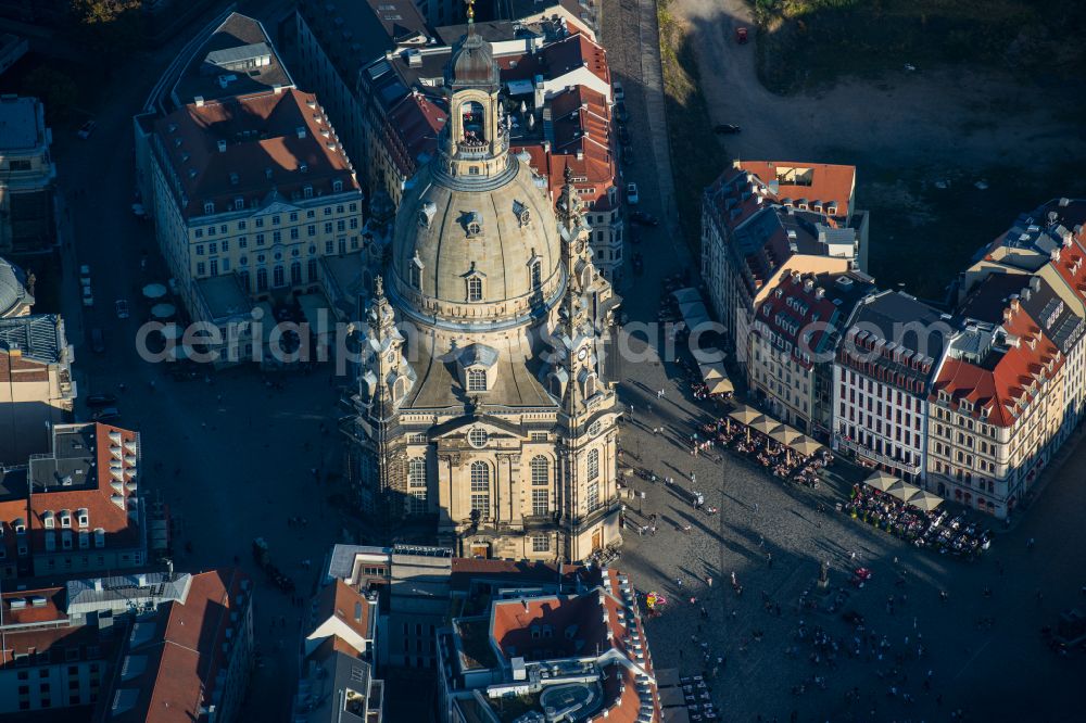 Dresden from the bird's eye view: Church building in Frauenkirche Dresden on Neumarkt Old Town- center of downtown in the district Altstadt in Dresden in the state Saxony, Germany