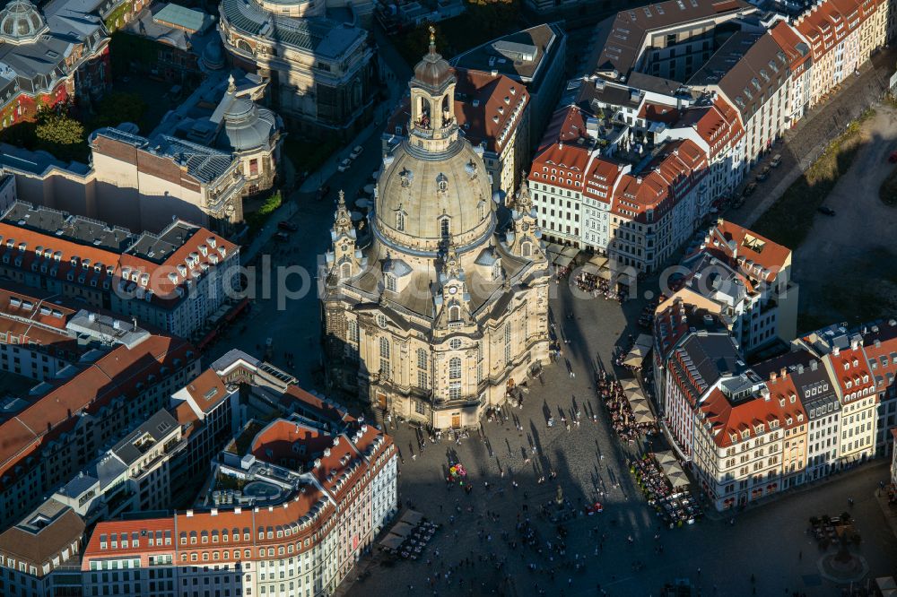 Aerial image Dresden - Church building in Frauenkirche Dresden on Neumarkt Old Town- center of downtown in the district Altstadt in Dresden in the state Saxony, Germany