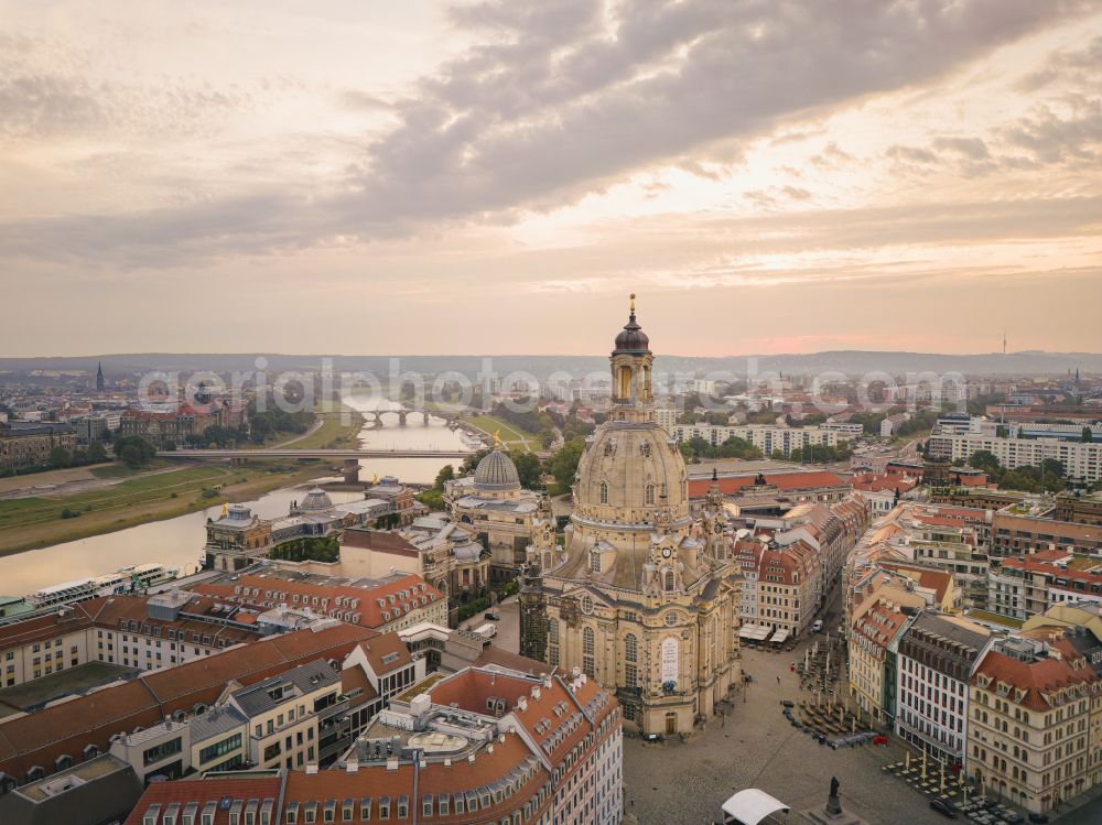 Dresden from the bird's eye view: Night lights and illumination of the church building Frauenkirche Dresden on the Neumarkt in the Altstadt district of Dresden in the state of Saxony, Germany