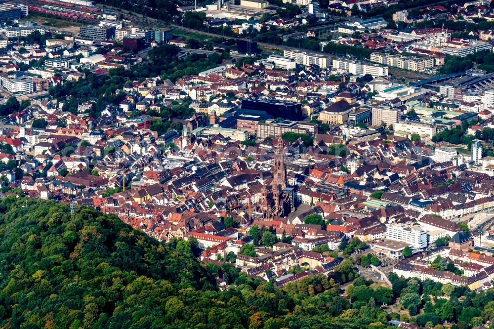 Aerial photograph Freiburg im Breisgau - Church building in Freiburg Old Town- center of downtown in Freiburg im Breisgau in the state Baden-Wurttemberg, Germany