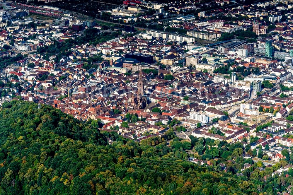 Freiburg im Breisgau from above - Church building in Freiburg Old Town- center of downtown in Freiburg im Breisgau in the state Baden-Wurttemberg, Germany