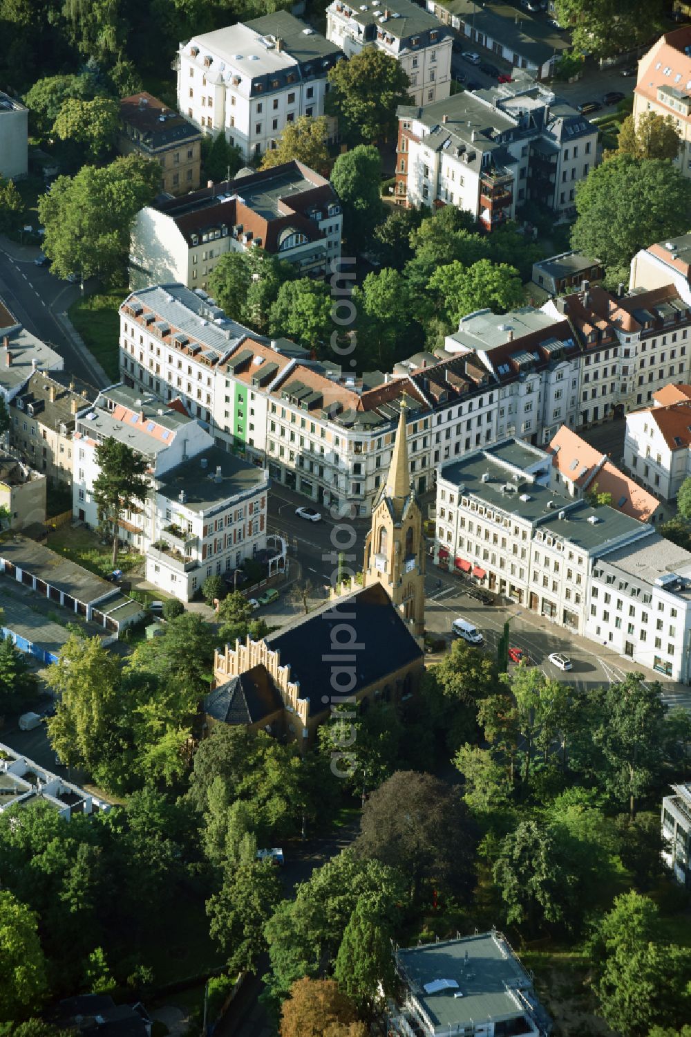 Leipzig from above - Church building Friedenskirche on place Kirchplatz in the district Gohlis in Leipzig in the state Saxony, Germany