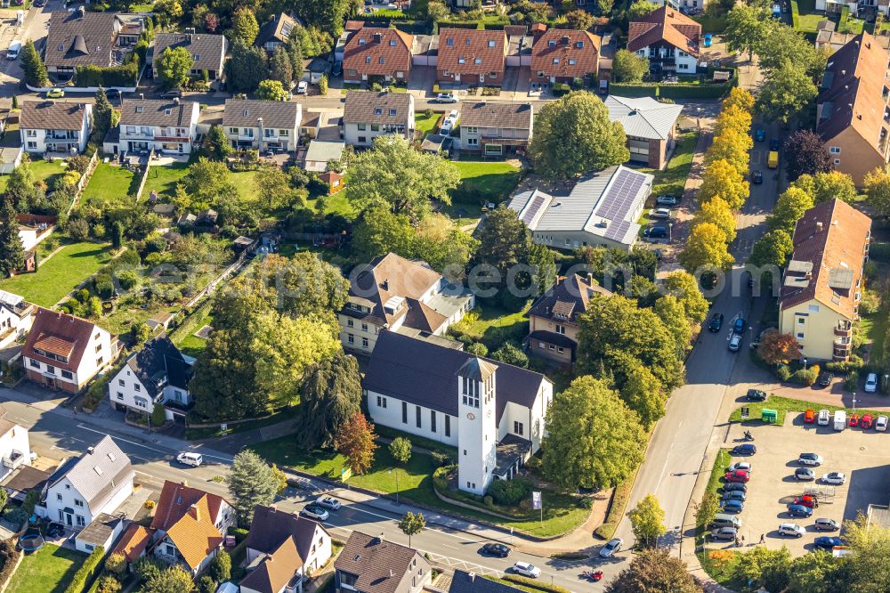 Massen from above - Church building Friedenskirche on street Kleistrasse in Massen at Ruhrgebiet in the state North Rhine-Westphalia, Germany