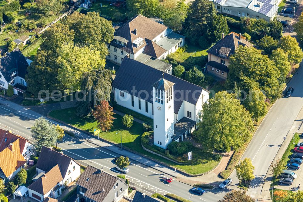 Massen from the bird's eye view: Church building Friedenskirche on street Kleistrasse in Massen at Ruhrgebiet in the state North Rhine-Westphalia, Germany