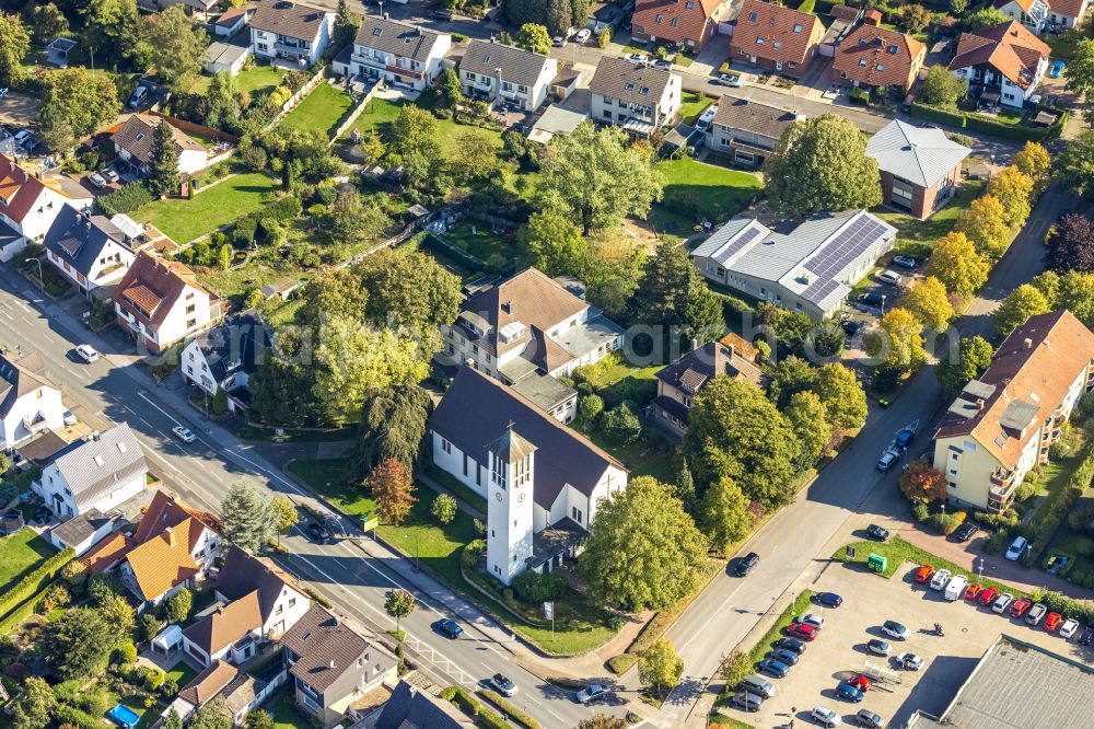 Aerial image Massen - Church building Friedenskirche on street Kleistrasse in Massen at Ruhrgebiet in the state North Rhine-Westphalia, Germany