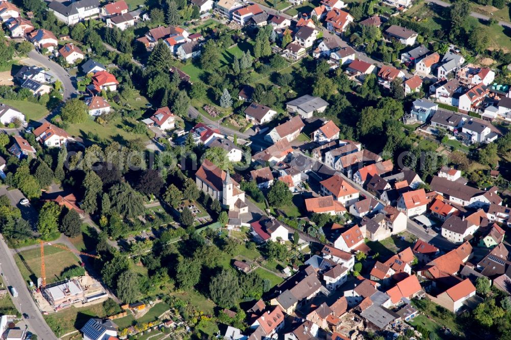 Bruchsal from above - Church building in the village of in the district Helmsheim in Bruchsal in the state Baden-Wuerttemberg, Germany