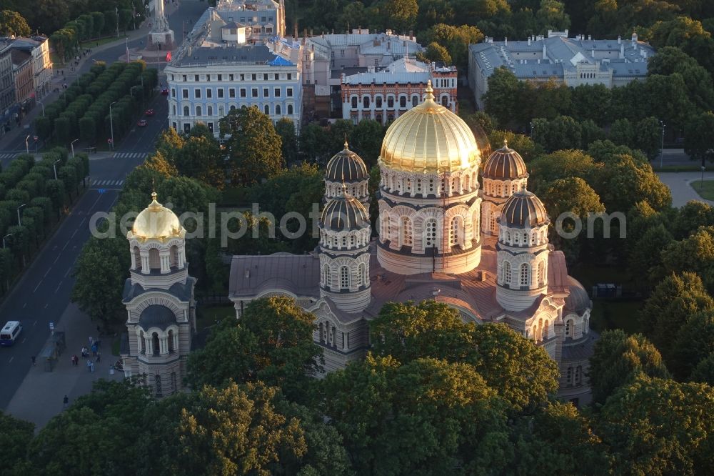 Aerial image Riga - Church building in of Nativity of Christ Cathedral Old Town- center of downtown in Riga in , Latvia