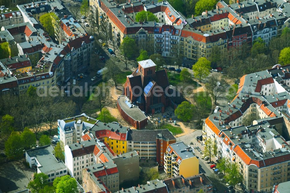 Berlin from the bird's eye view: Church building Genezarethkirche on Herrfurthplatz in the district Neukoelln in Berlin, Germany