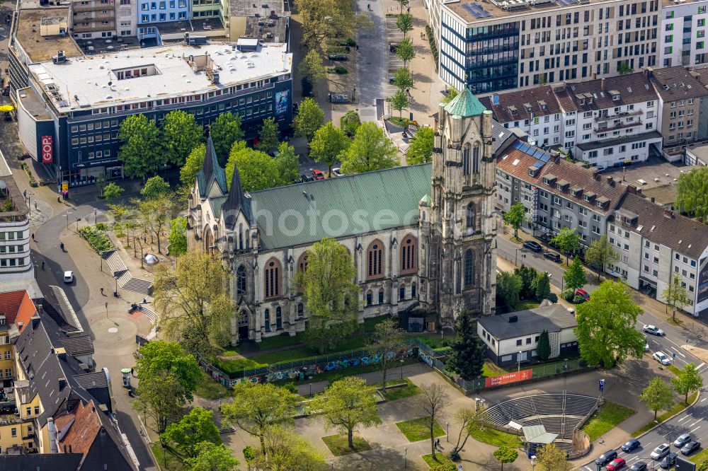 Essen from above - church building St. Gertrud on Rottstrasse in Essen at Ruhrgebiet in the state North Rhine-Westphalia, Germany