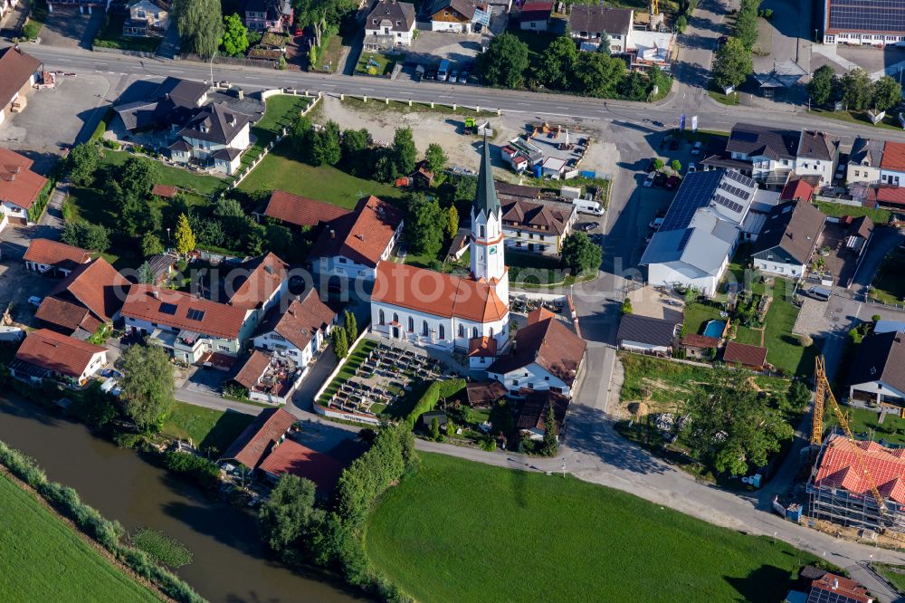 Aham from the bird's eye view: Church building St. Aegidius on street Schlossstrasse in Aham in the state Bavaria, Germany