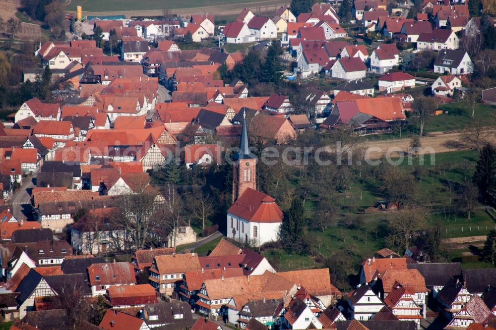 Hunspach from above - Protestant Church building in the village of in Hunspach in Grand Est, France