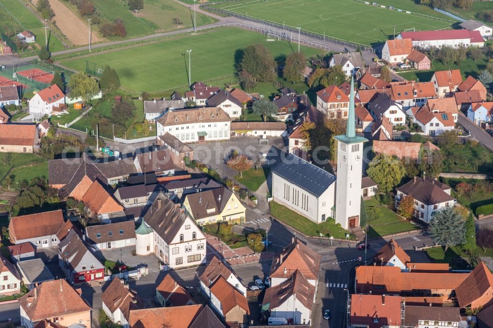 Rittershoffen from above - Church building Eglise protestante de Rittershoffen in Rittershoffen in Grand Est, France