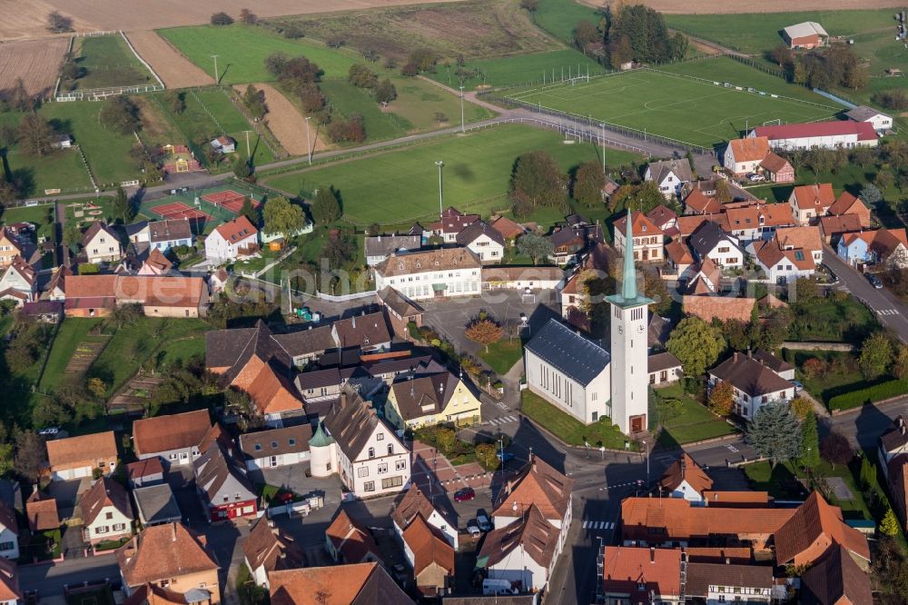 Rittershoffen from the bird's eye view: Church building Eglise protestante de Rittershoffen in Rittershoffen in Grand Est, France